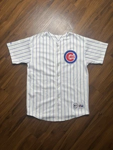 Majestic Chicago Cubs Jersey White Pinstripe Youth XL MLB Short Sleeve Button - Picture 1 of 9