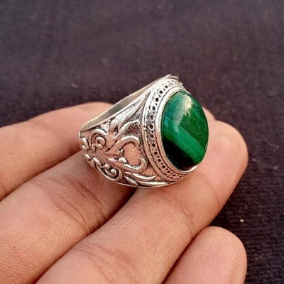 Malachite Ring 925Sterling Silver Handmade Statement Designer Man's Ring B143 - Image 1 of 4