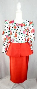 8 EY BOUTIQUE 2PC Skirt Suit Peplum Jacket Top Red Floral Formal Church Wedding - Picture 1 of 13