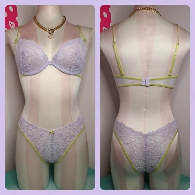 Nuevo conjunto de sujetador/panty de encaje vintage Victoria's Secret talla 34C/sm - violeta/melón Foto 1 de 4