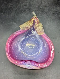 Vintage Murano Pink Opalescent Art Glass Pear Ashtray Candy Dish Gold Inclusions - Picture 1 of 10
