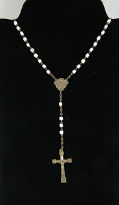 Vintage Catholic Rosary with White to Light Blue Cube Beads  #11