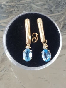 Blue Topaz Labcreated Oval Cut & Diam Stud Earrings 10kt Solid Yellow Gold - Picture 1 of 12