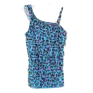 Justice Sz 14 Aqua Lavender Black Animal Print Poly Cotton Blnd One Shoulder Top - Picture 1 of 5
