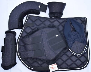 NAVY BLUE GLITTER SADDLE PAD MATCHY SET BRUSHING BOOTS BELL BOOTS AND FLY BONNET - Picture 1 of 11