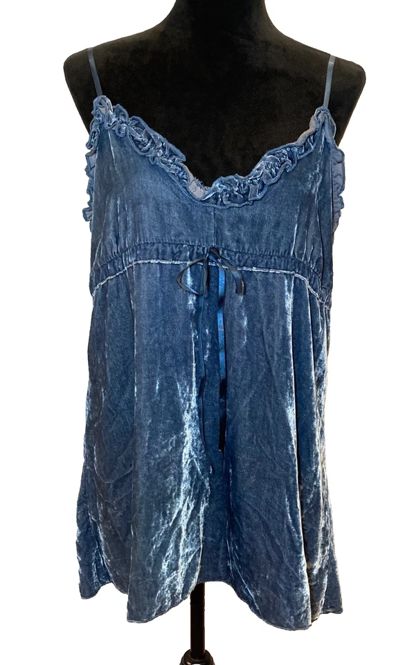 No Boundaries Blue Velvet Babydoll Tunic Tank Top Juniors XL Ruffles Bow Fairy - Image 1 of 4