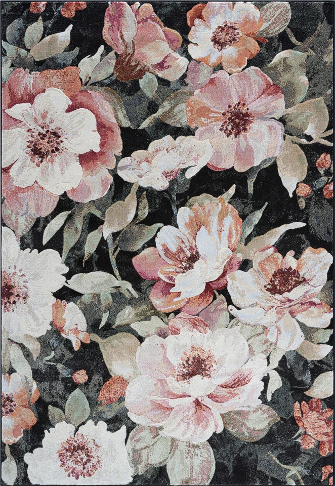 Essentials Eleanor Black Blush Pink Rose Peach and Green Polyester Area Rug - Image 1 of 4