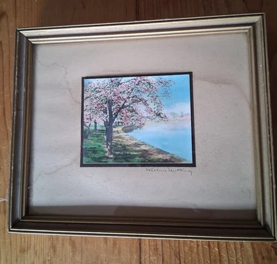 Vintage signed Wallace Nutting Pink Trees with Lake Original Frame Miniature - Image 1 of 4
