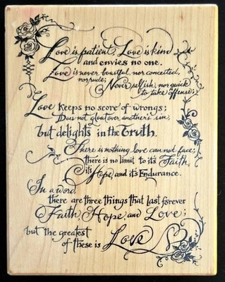 PSX Rubber Stamp K-3291 Love is Patient Saying w/Roses Religious Background - Image 1 of 2