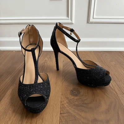 NWOB Thalia Sodi Chace Black T-Strap Embellished Platform Stiletto Heels 12 Wide - Image 1 of 4