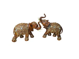 New Pair Elephant Figurine Faux Wood Finished Resin Feng Shui Wealth Good Luck - Picture 1 of 15