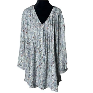Rose + Olive Floral Smocked Peasant Blouse Tunic Top Plus sz 3X Pin roll Pleats - Picture 1 of 7