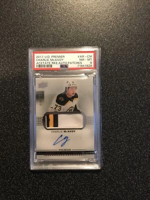 CHARLIE MCAVOY 2017-18 Premiere Rookie Acetate RC 3 CLR PATCH AUTO 033/199 PSA 8 - Image 1 of 4