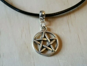 COLLANA PENTAGRAMMA PELLE 17 POLLICI UOMO DONNA CIONDOLO ARGENTO TIBETANO - Foto 1 di 2