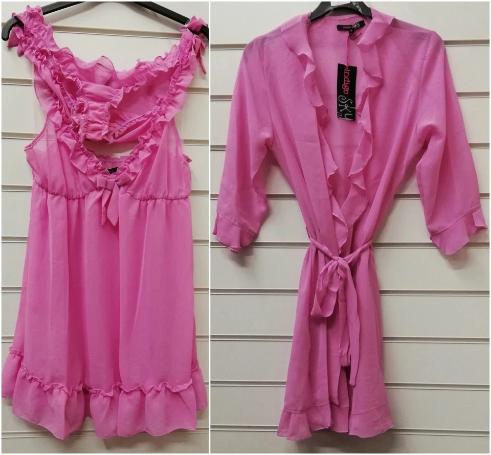 Ladies Indigo Sky Pink Chiffon Baby Doll Set Dressing Gown  UK Sizes 12, 14, 16 - Image 1 of 1