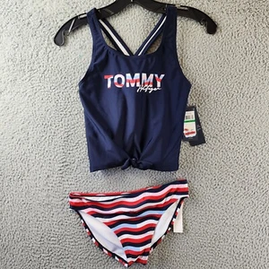 Tommy Hilfiger 2pc Logo Wave Print Tankini Swim Set Girls L (12-14) Navy/Red - Picture 1 of 15