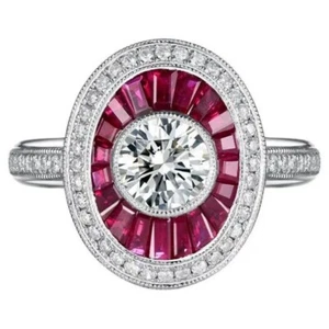 Art Deco 0.74 Ct Genuine Moissanite Diamond With Red Ruby Modern Engagement Ring - Picture 1 of 6