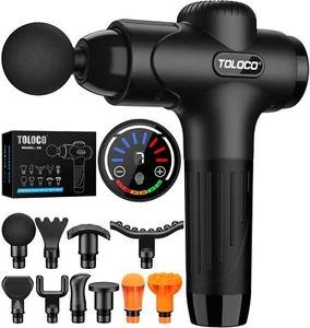 TOLOCO Black Massage Gun Deep Tissue Massager 7 Speeds 10 Heads Quiet Design - Picture 1 of 7