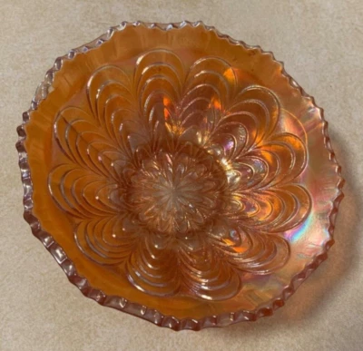 Fenton Peacock Tail Marigold Carnival Glass Bowl 6.5" w/ Ruffled Edge - Footed - Image 1 of 4