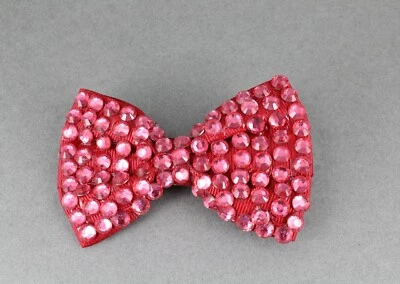Pink BOW 3.5" wide faceted crystals barrette hair clip gator claw fabric  - Image 1 of 4