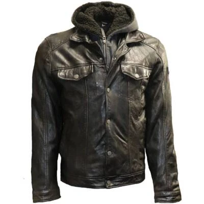 Chaqueta de cuero genuino con capucha Mauricio Trucker para hombre Foto 1 de 2