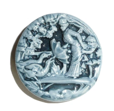 Woman Shooing Geese w/ Umbrella Art Stone Light Denim Clrd Shank Button 1-1/2" - Image 1 of 4