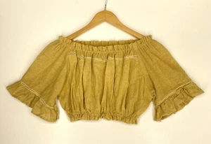 The Hemp Temple Crop Top S Mustard Yellow Off Shoulder Boho Hemp Blend Ruffle - Picture 1 of 10