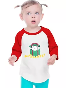 Kids Christmas Holidays Cute Graphic Print Cat Present 3/4 Sleeve Raglan T Shirt - Picture 1 of 14