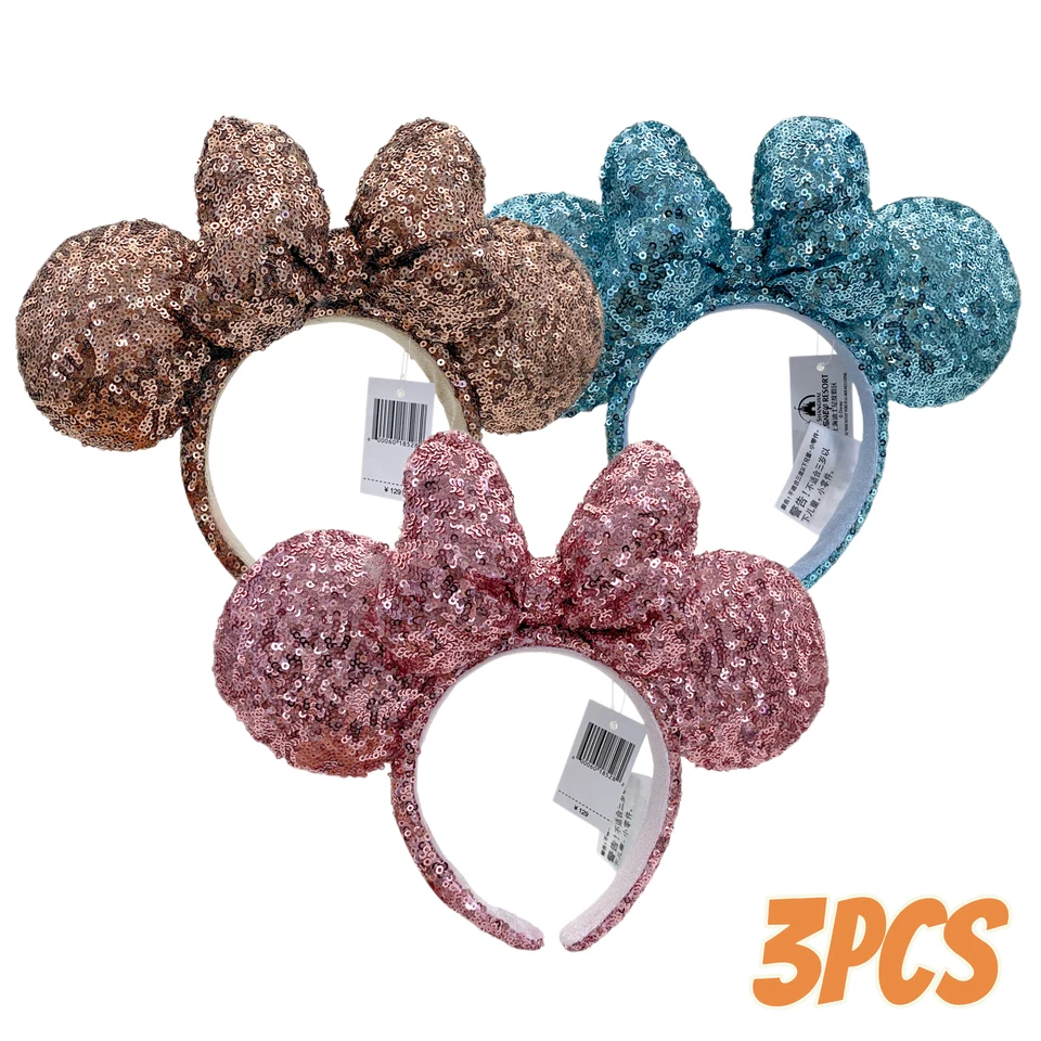 Disney~ Rosa+Marrón+Azul Agua Minnie Mouse Lentejuelas Orejas Cinta Limitada Diadema Foto 1 de 4