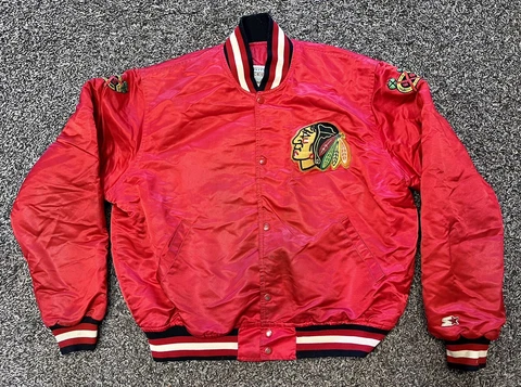 Vintage Center Ice Starter Chicago Blackhawks Satin Bomber Jacket Size XL Cover