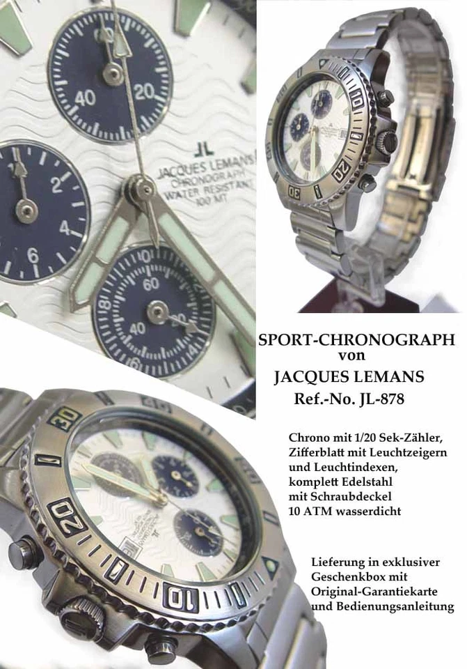 Raro Rarità Jacques Lemans Cronografo Orologio Uomo Acciaio Massiccio Jl 878 - Immagine 1 di 1