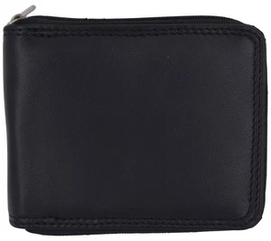 Men's Zipper RFID Blocking Premium Leather Zip-Around ID Bifold Wallet (Black) - Picture 1 of 9