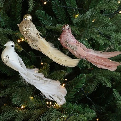 2x Glitter Artificial Feather Birds with Clip Christmas Tree Ornament Home Decor - Image 1 of 4