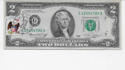 1976  $2 Federal Reserve Note  FIRST DAY ISSUE  AURORA, INDIANA  W/ Stamps  UNC. - Image 1 of 2