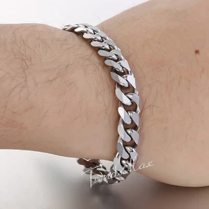 9mm Wide 8 inch Mens Curb Cuban Bracelet Chain Silver Tone Stainless Steel - Picture 1 of 5