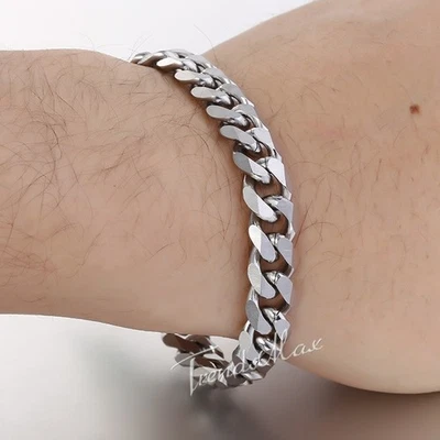 9mm Wide 8 inch Mens Curb Cuban Bracelet Chain Silver Tone Stainless Steel - Image 1 of 4