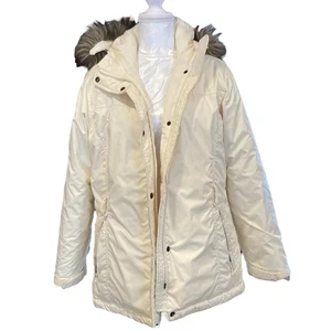 Lands End White Fur Lined Down Filled Hooded Winter Puffer Parka Coat Sz Medium - Picture 1 of 19