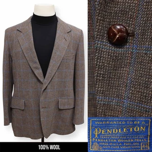 PENTLETON mens brown WINDOWPANE 100% WOOL sport coat suit jacket blazer 44 R - Picture 1 of 15