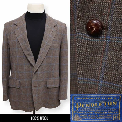 PENTLETON mens brown WINDOWPANE 100% WOOL sport coat suit jacket blazer 44 R - Image 1 of 4