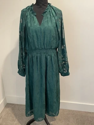 Vestido midi verde esmeralda floral Burnout manga larga cintura ajustada Foto 1 de 4