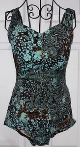 Maxine of Hollywood Women's One Piece Rusched Swimsuit Brown & Teal Floral Print - Picture 1 of 4