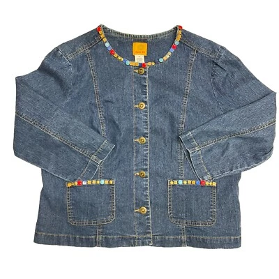 Ruby Rd Denim Jacket BOHO Cropped 3/4 Sleeves Red Turquoise Gold Bead Sz12 READ - Image 1 of 4