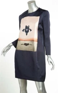 CHRISTIAN DIOR Navy Blue SILK Graphic Pockets Shift Long Sleeve Dress 10-42 NEW - Picture 1 of 4