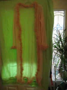 P26 Long Robe Ultra Sheer Open Front  Feather Trim Fru Fru Large - Picture 1 of 12