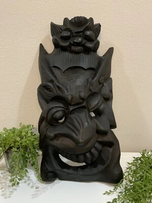 Vtg Antique Japanese Asian Primative Carved Wood Menburyu Tiki Demon Mask - Image 1 of 4