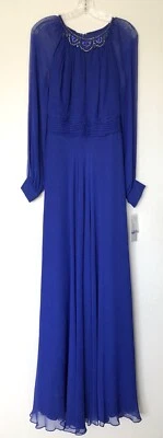 Teri Jon Royal Blue Silk Chiffon Embellished Long Sleeve Dress Size 12 ($760) - Image 1 of 4