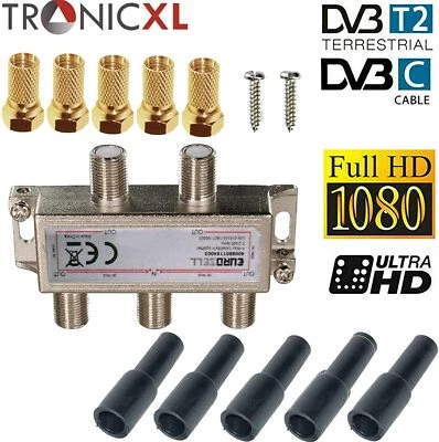 4fach Verteiler + Wetterschutz + F-Stecker SAT Splitter Kabelfernsehen HD 3D 4K - Bild 1 von 4