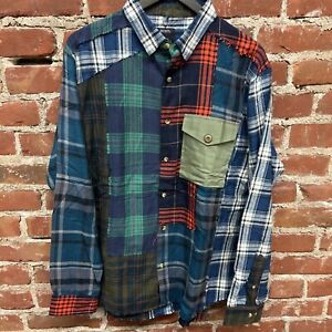 10 Deep Plaid Patchwork Flannel Shirt Men's Size Large Long Sleeve
