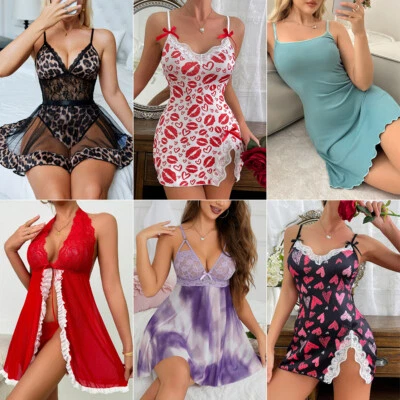 Lingerie-Underwear-Sleepwear-Sexy-Women-Lure-Dress-Lace-Babydoll-Nightwear-Robe - Image 1 of 4