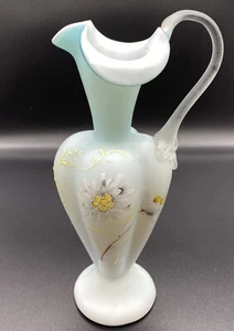 Thomas Webb Hand Painted Antique Blue Satin Art Glass Vase Enameled With Handle - Picture 1 of 8